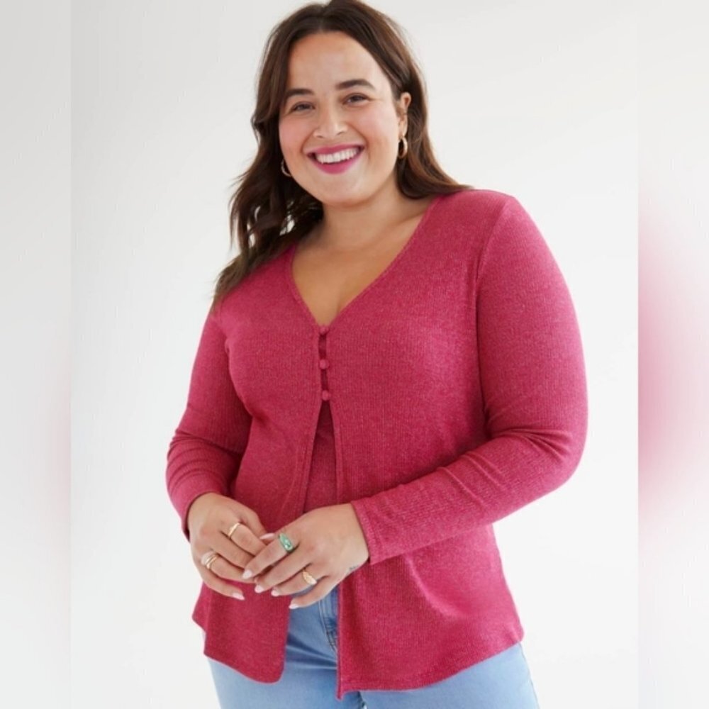 Penningtons Pink Ribbed Long Sleeve Stretchy Jersey Cardigan Office Plus Size 2X